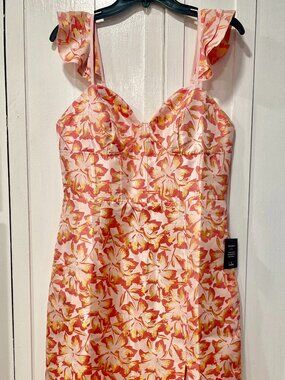 NWT Lulus Orange & Yellow Floral Bustier  Midi Dress Party Wedding Travel